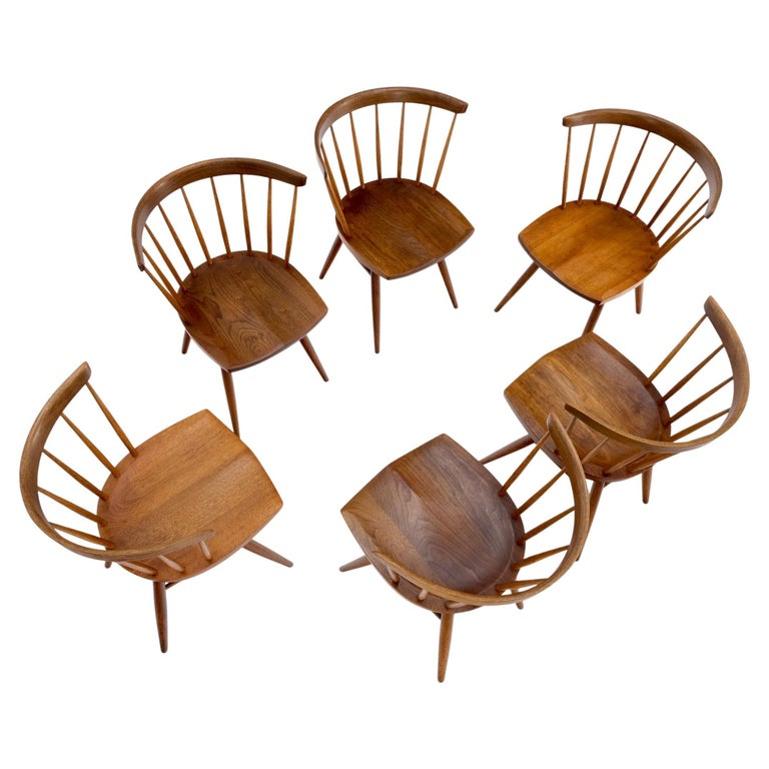 Set of 6 Oiled Walnut Spindle Back Dining Chairs by George Nakashima