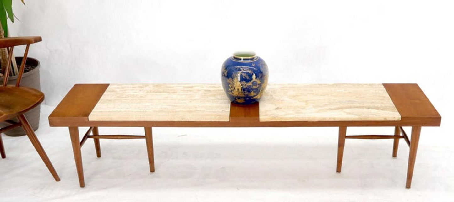 Long Rectangular Walnut Coffee Table w/ Two Travertine Inserts