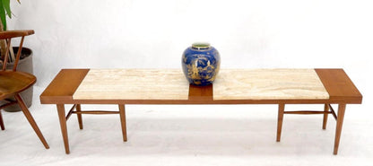Long Rectangular Walnut Coffee Table w/ Two Travertine Inserts