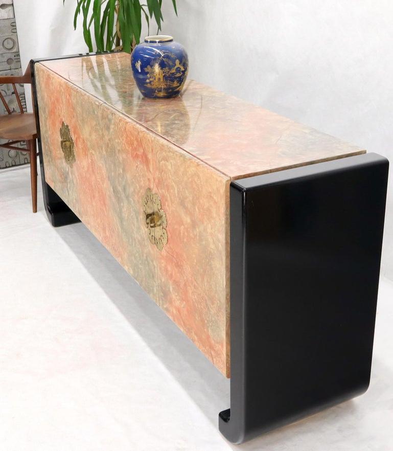 Four Doors Black Lacquer Faux Finish Brass Hardware Pull Credenza Dresser Server
