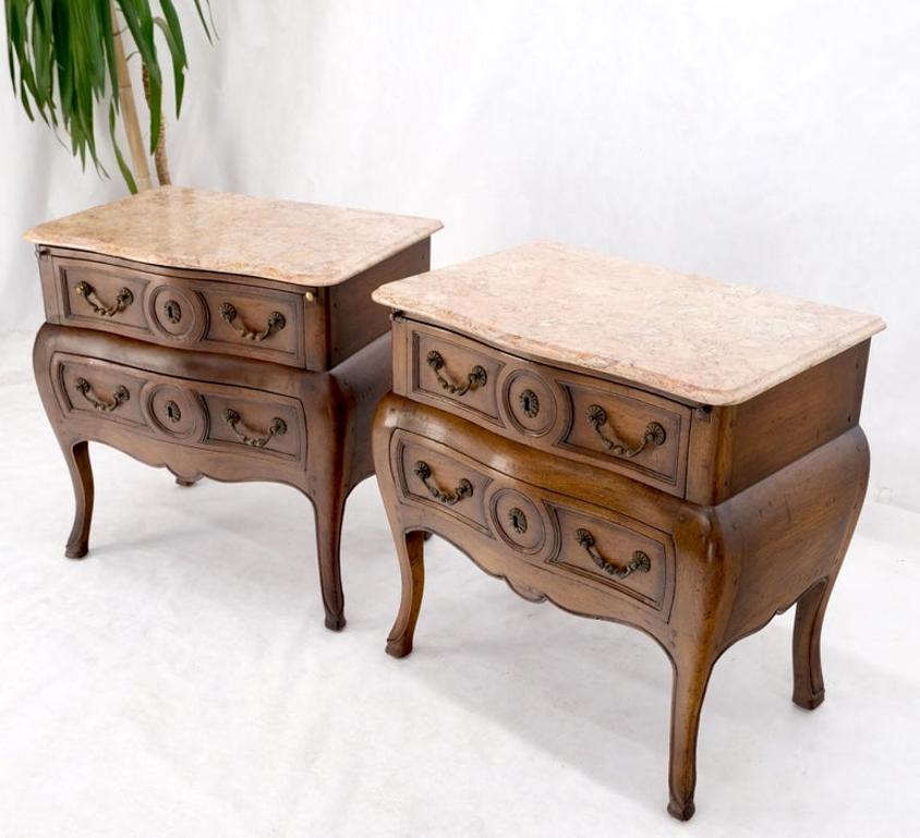 Pair Custom Bombe Shape Marble Top Brass Drop Pulls 2 Drawer Nightstands Tables