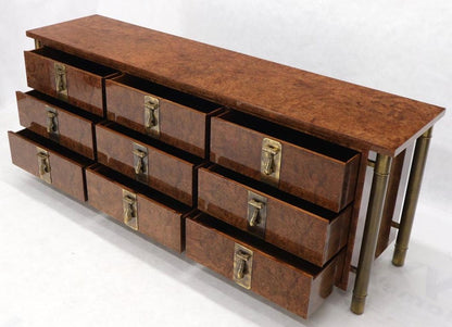 Mastercraft Burl Wood and Brass Hardware Long 9 Drawers Credenza Dresser