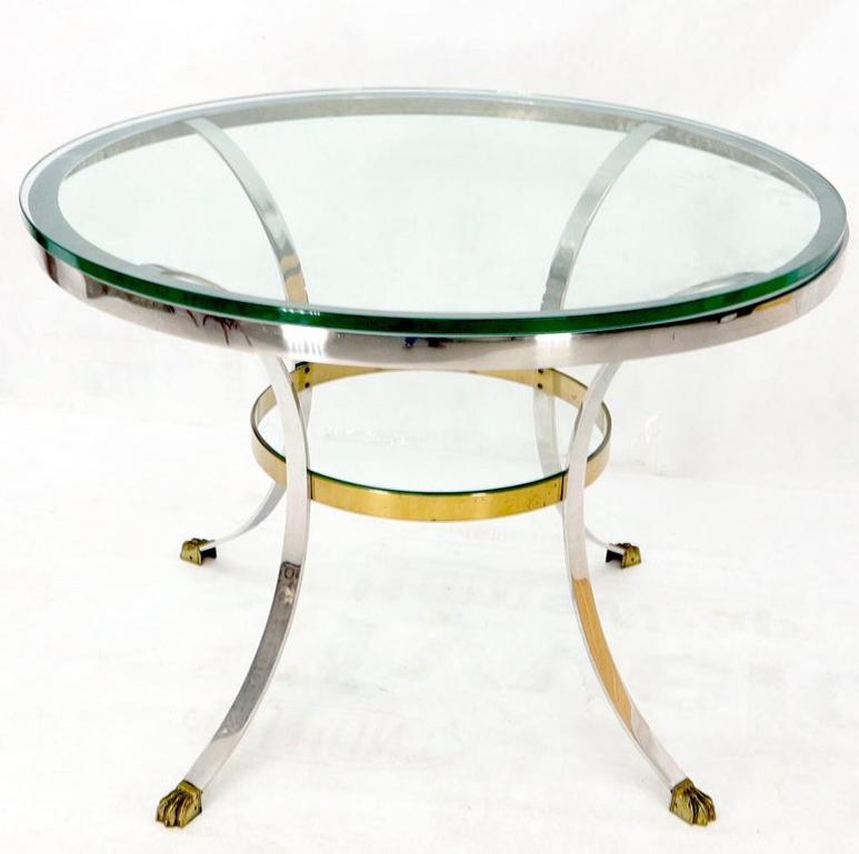 Brass Claw Feet Crome and Brass Glass Round Top Gueridon Center Cafe Game Table