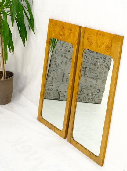 Style of Milo Baughman Burl Wood Bookmatched Mid-Century Modern Wall Mirror Pair