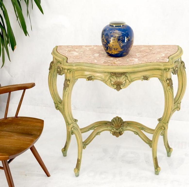 Carved French Regency Paint Decorated Console Table w/ Rouge Pink Marble Top