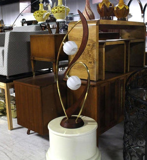 Brass and Walnut Two Frosted Glass Globes Table Lamp