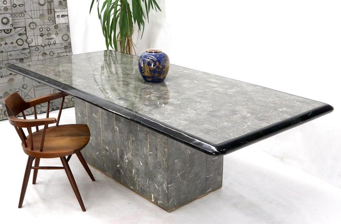 Large Tessellated Black & Grey Stone Brass Inlay Dining Table
