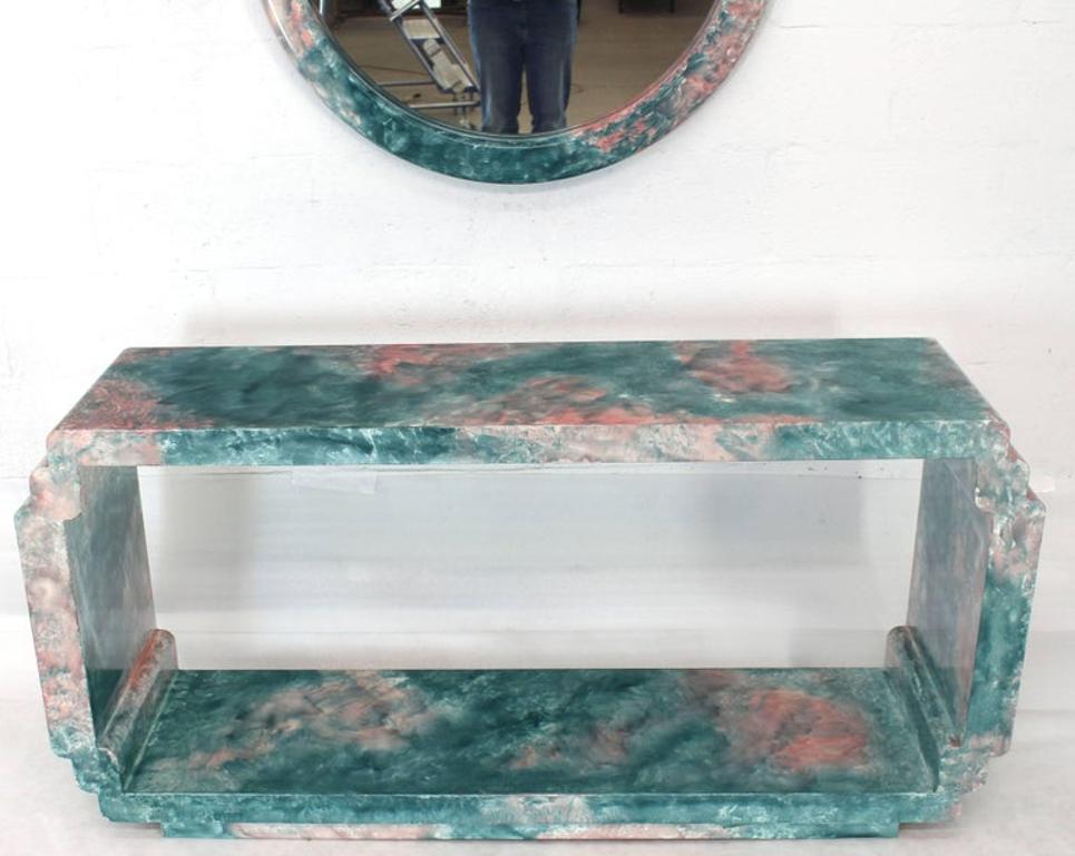 Round Mirror Console Table Marbleized Lacquered Finish Faux Marble