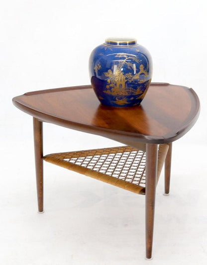 Rounded Triangular Shape Danish Mid-Century Modern Side Occasional Table Cane