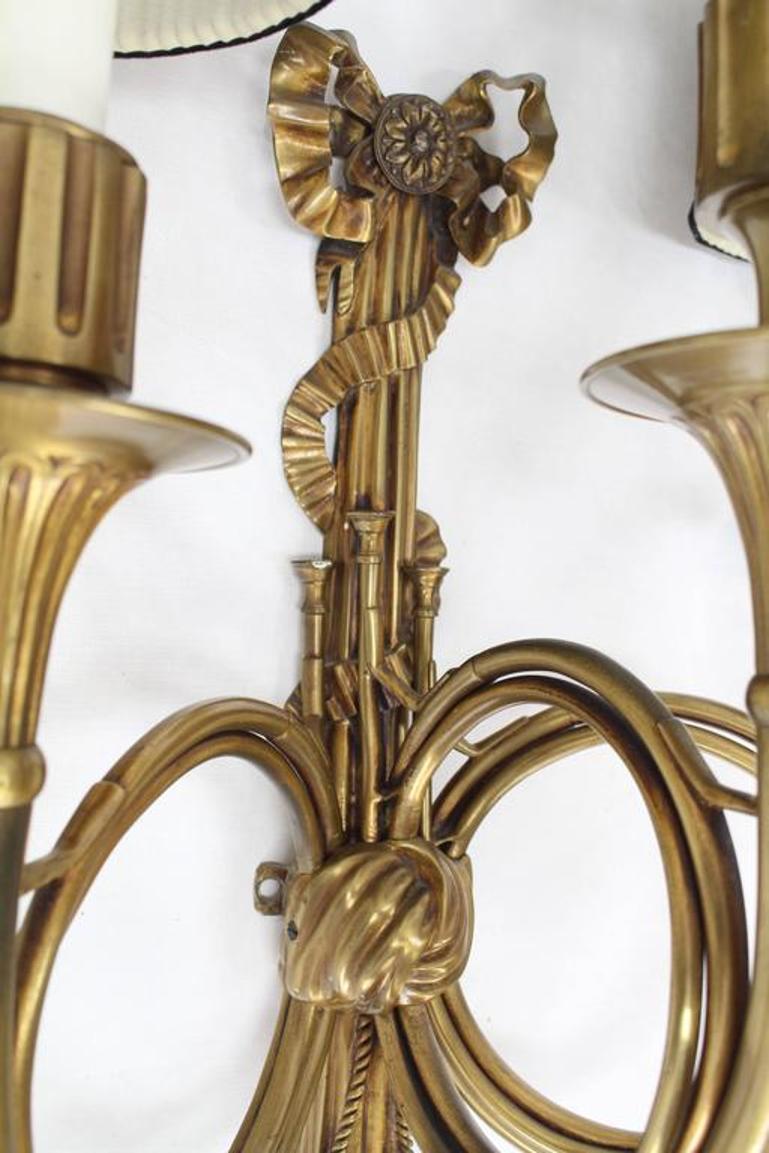 Large Heavy Bronze Triptych Sconce Ribbon Tassel Horn Shape Three Lights