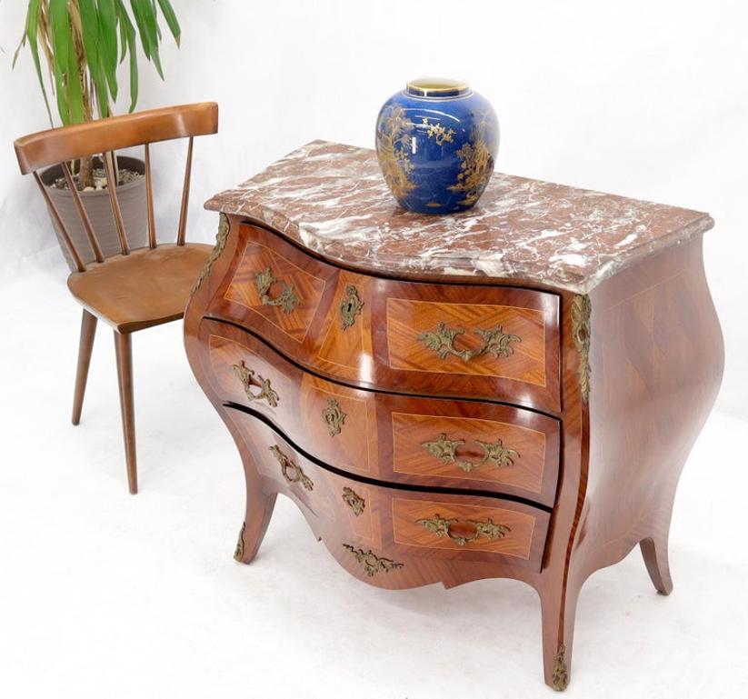 Bombe French Marble-Top Bronze Ormolu Louis XV Style 3 Drawers Dresser Commode