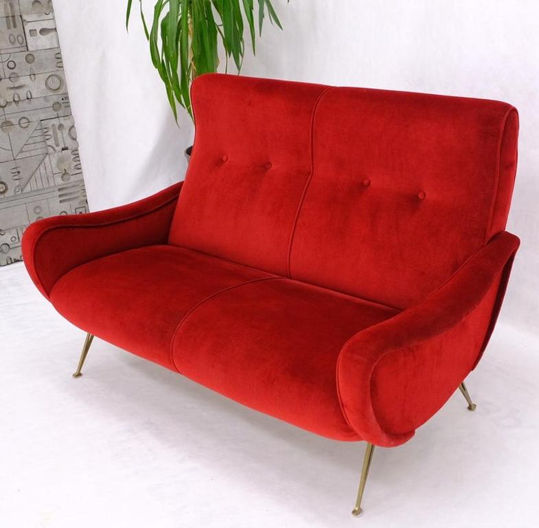 Red Upholstery Brass Legs Mid century Italian Modern Sofa Loveseat