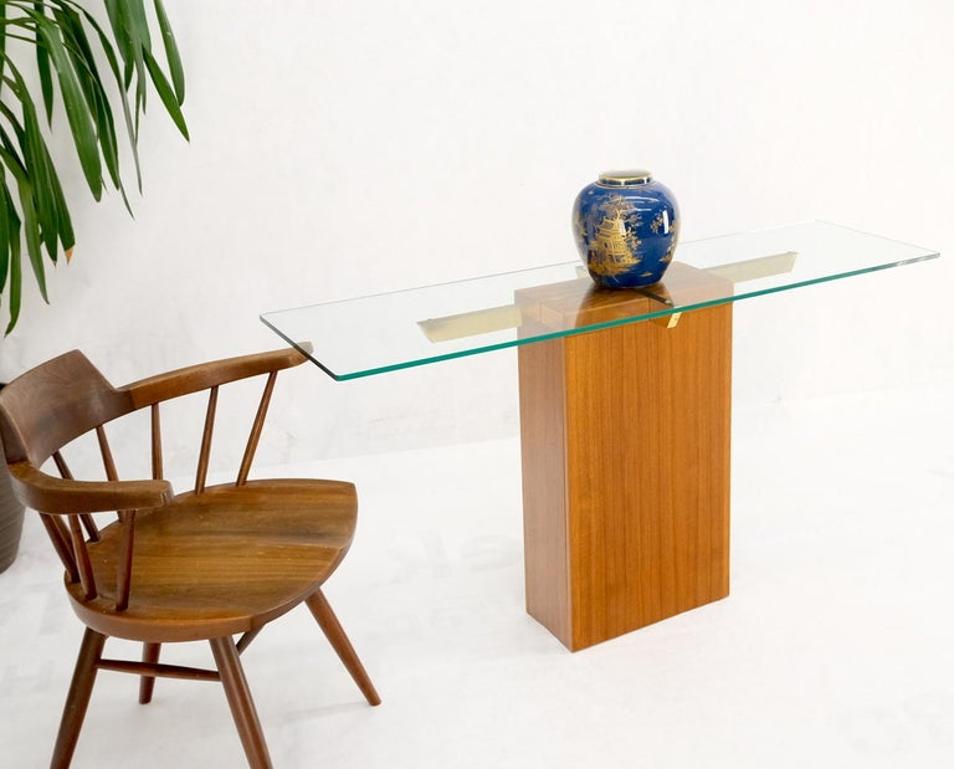 Danish Mid-Century Modern Teak Brass Glass Top Pedestal Base Console Sofa Table