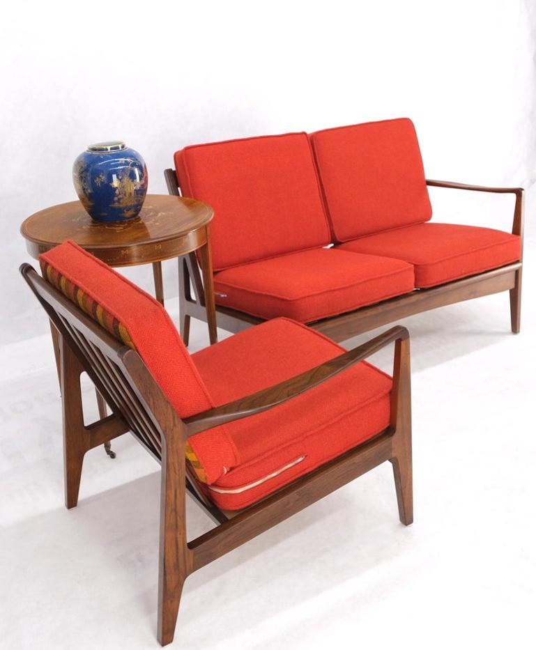 Danish Mid-Century Modern Walnut Lounge Chair Settee Loveseat Couch Sofa Set