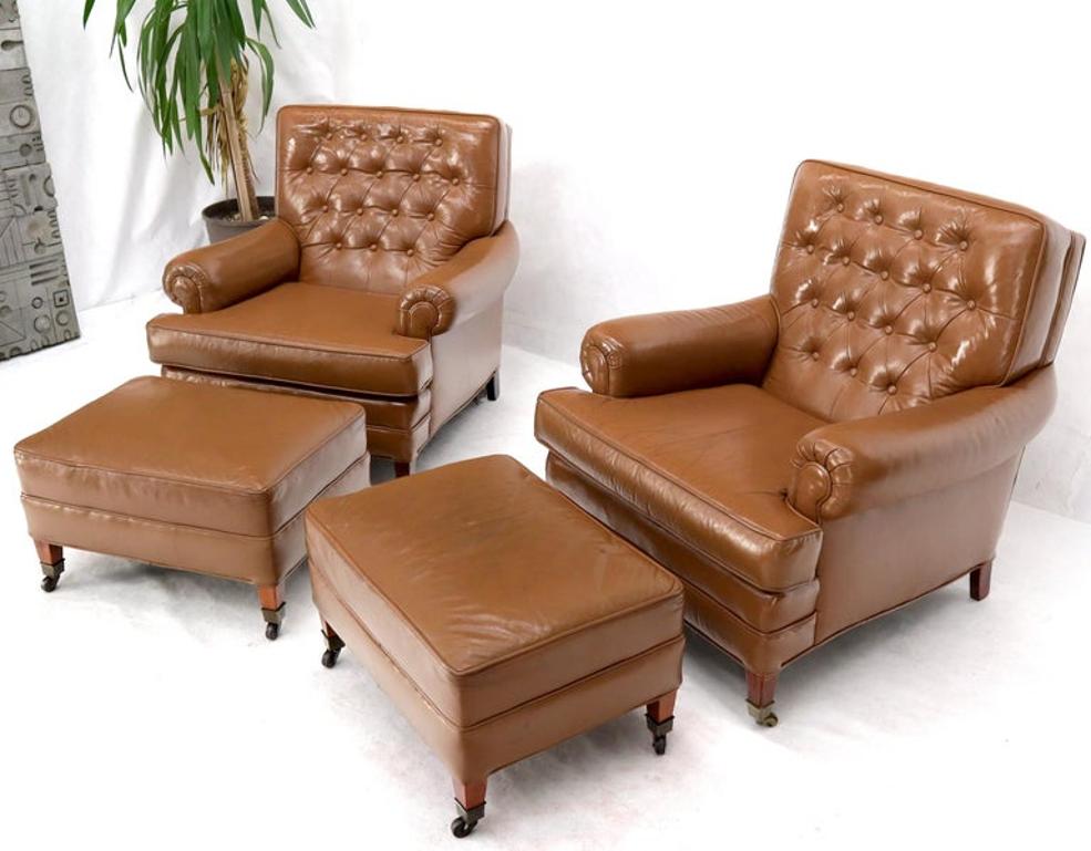 Pair of Chesterfield Style Leather Chairs W/ Ottomans Brown to Tan