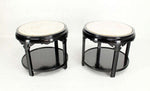 Pair of Round Black Lacquer Asian Inspired Marble-Top End Tables