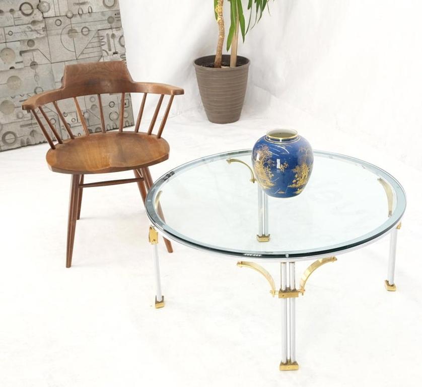 Round Glass Top Chrome Legs Solid Brass Stretchers & Feet Coffee Center Table