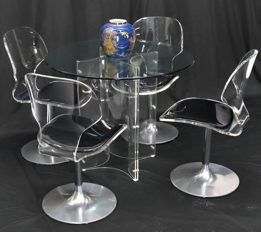 Tulip Chrome Base Lucite Seats Set of 4 Chairs Dining Table with Glass Round Top