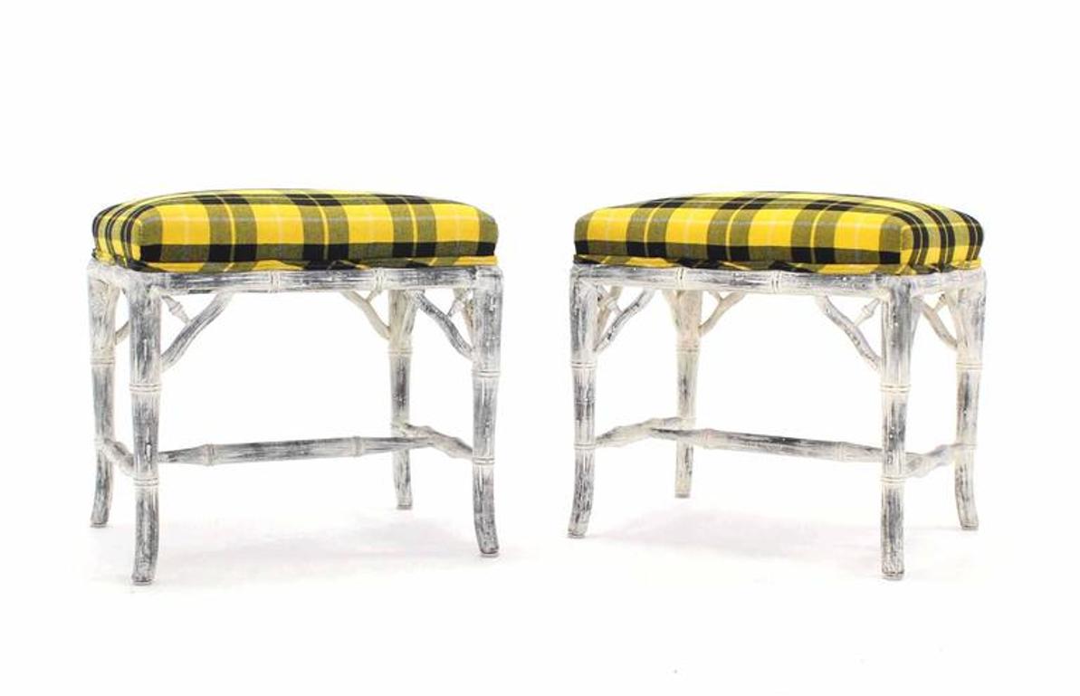 Pair of Faux Bamboo White Wash Finish Yellow Black Plaid Upholstery Benches