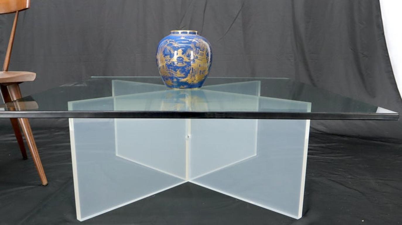Frosted Lucite X-Base Glass Top Square Coffee Table
