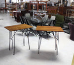 Pair of Teak Tops Tall End Console Tables Stands Pedestals Tall Wire Legs MINT!
