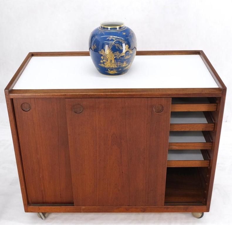 Teak Danish Modern Petit Serving Credenza on Wheels Bar Liquor Cabinet Dresser
