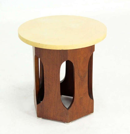 EstablishedLines Mid-Century Modern Hexagon Oiled Walnut Base Round Top Side End Table Stand