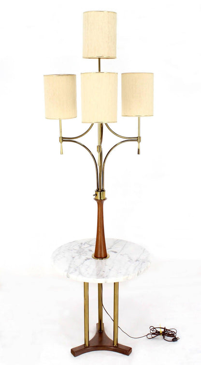 EstablishedLines Mid Century Modern Walnut Brass Floor Lamp Round Marble Top Side Table Torchere