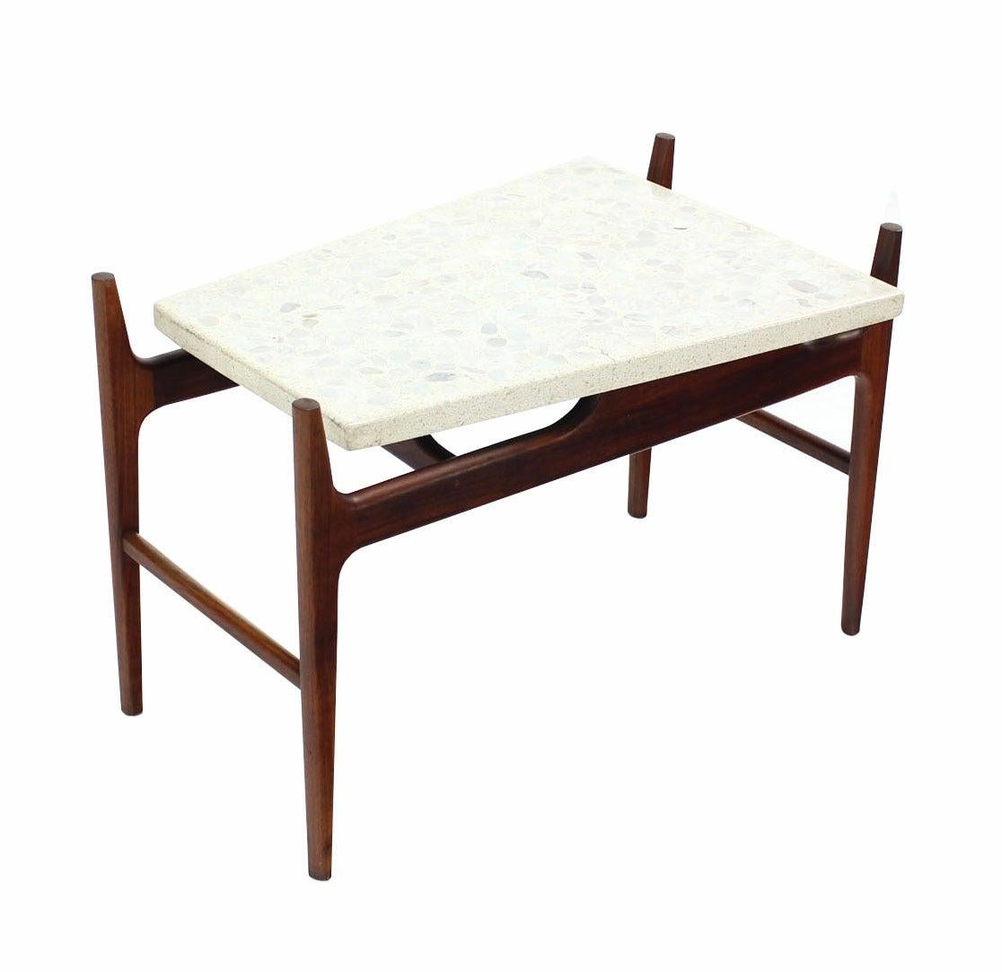 EstablishedLines Unusual Trapezoid Travertine Terrazzo Top Oiled Walnut Base End Side Table MINT