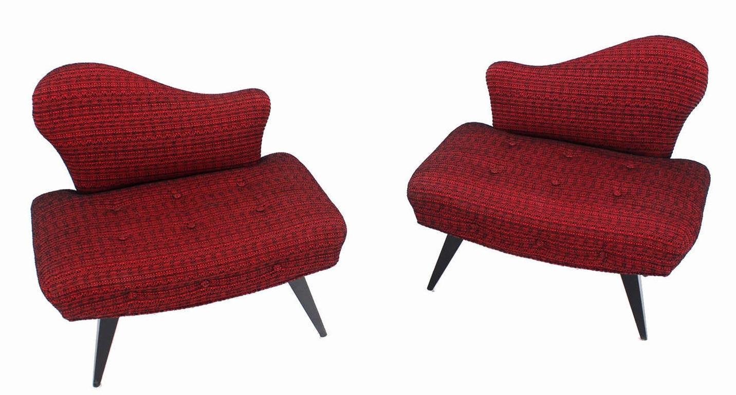 EstablishedLines Pair Red Upholstery Mid Century Modern Fireside Slipper Lounge Chairs Camel Back