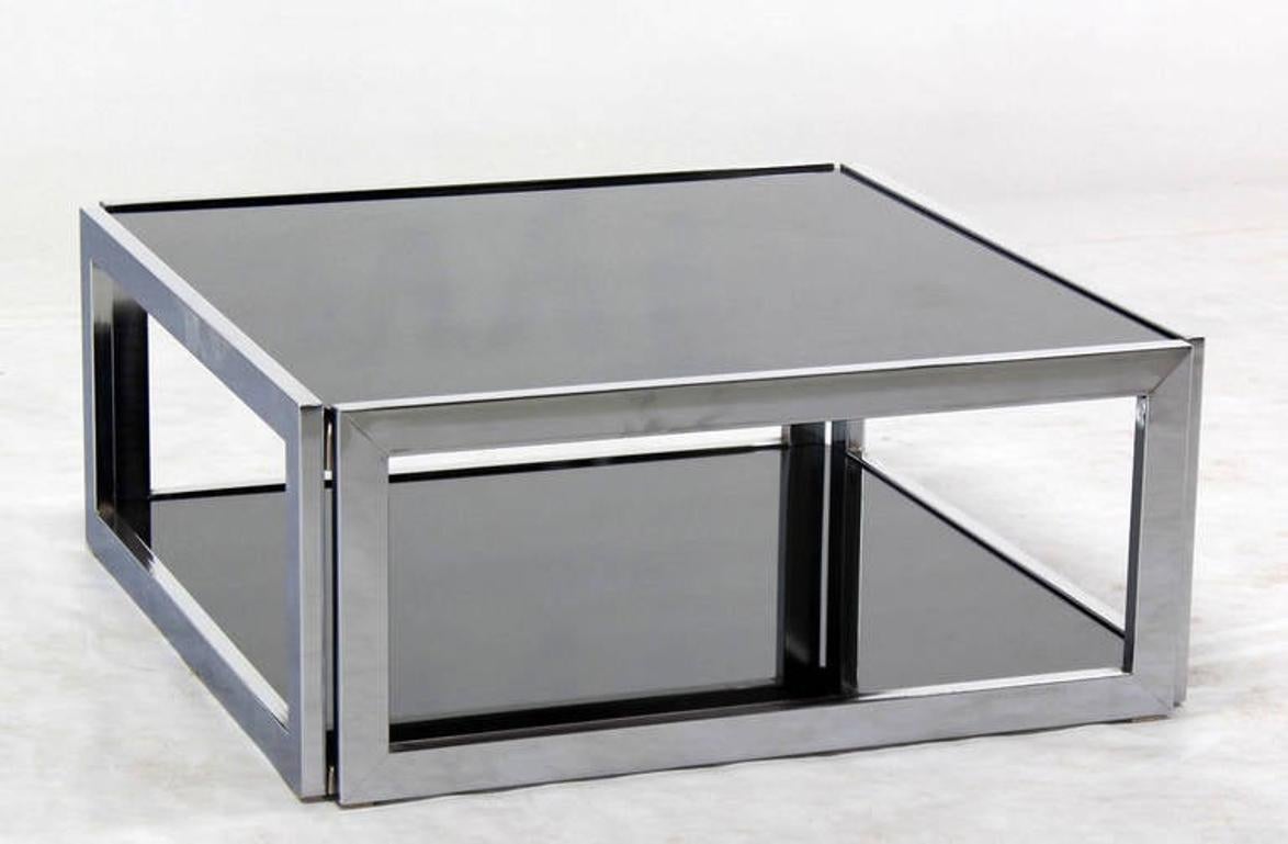 EstablishedLines Sharp Square 2 Tier Modern Chrome Base Smoked Glass Coffee Table w/ Shelf MINT