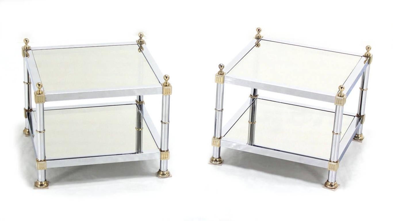 EstablishedLines Pair of Chrome Brass and Smoked Glass Square End or Side Lamp Tables Stands Mint
