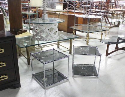 Pair of Cube Shape Chrome Faux Bamboo Frame End Tables Smoked Glass Top MINT!
