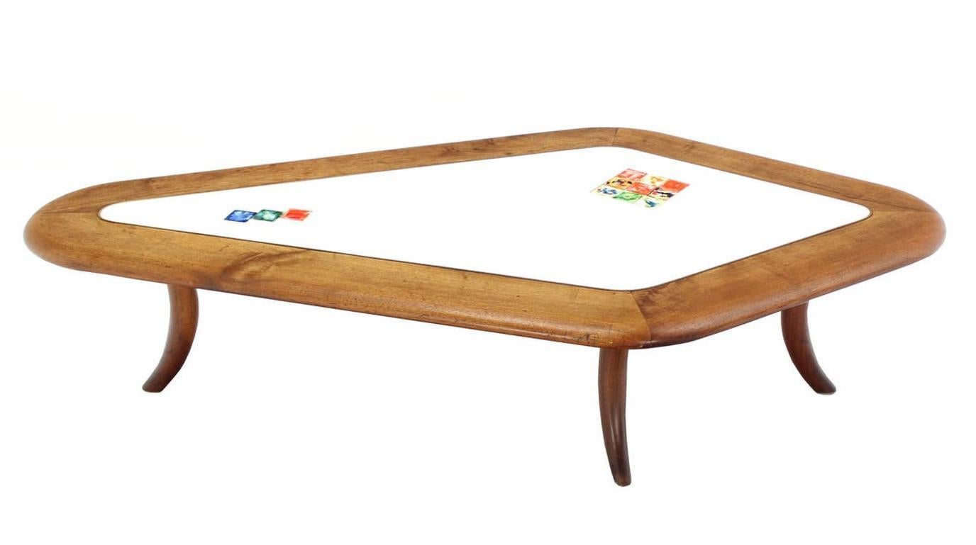 EstablishedLines Diamond Shape Heavy Thick Solid Walnut Art Tile Decorated Top Coffee Table MINT