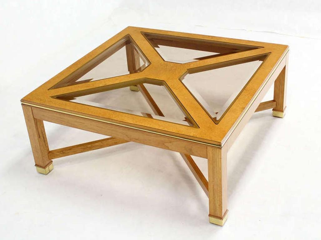 EstablishedLines Beveled Smoked Glass Bird's-Eye Maple Brass Square Legs Coffee Table MINT!