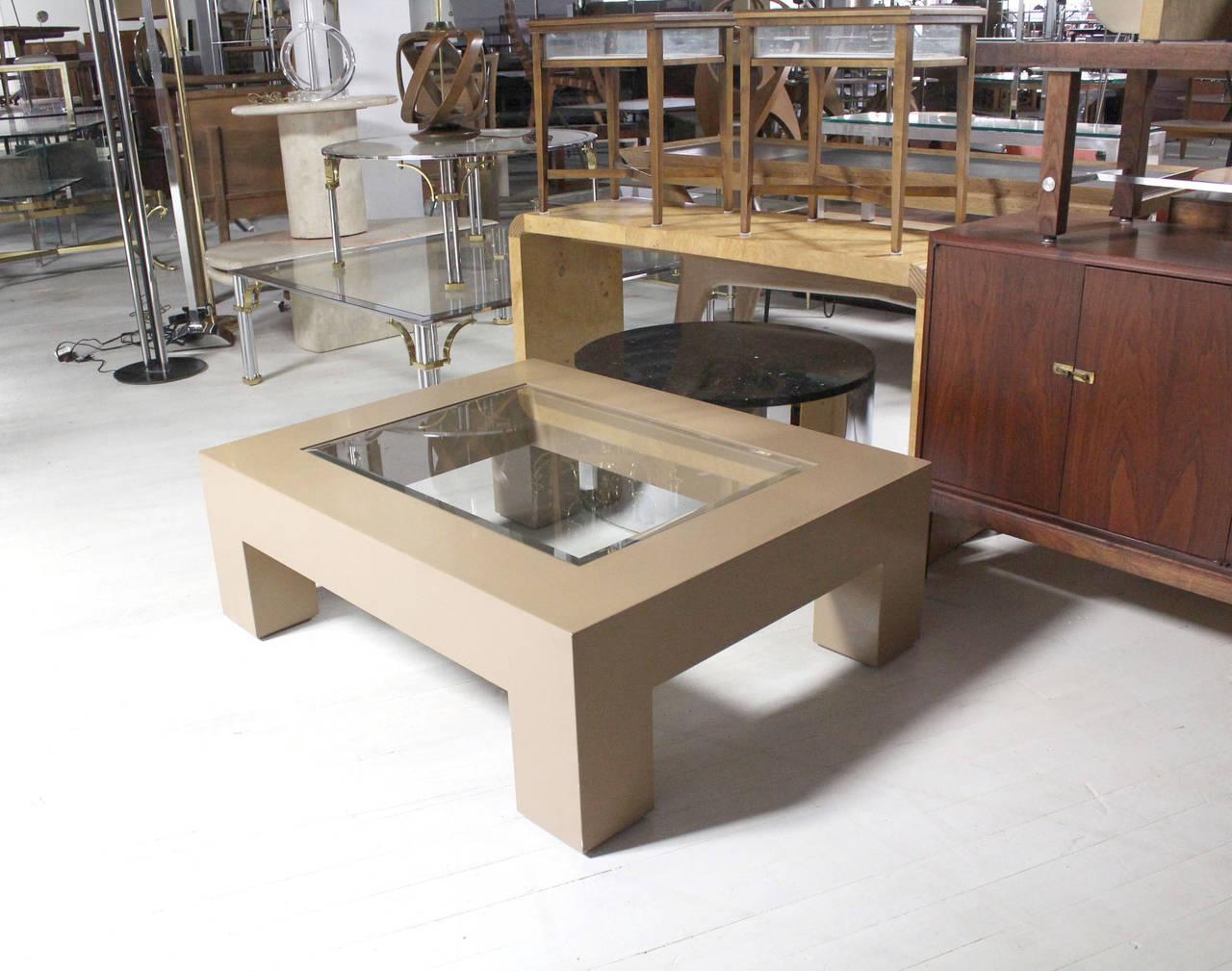 EstablishedLines Heavy Thick Square Legs  Beige Lacquer Base Glass Top Rectangle Coffee Table