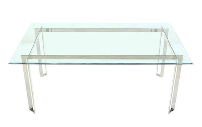 EstablishedLines Polished Stainless Steel Base  Thick Glass Top Dining Room Table Mid Century