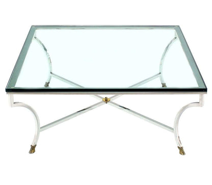 EstablishedLines Italian 3/4" Glass Top Square Coffee Table Chrome Brass Hoof Feet Base MINT!