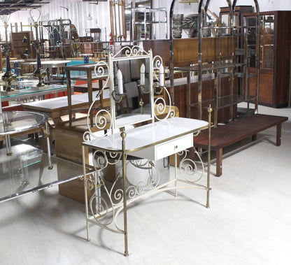 EstablishedLines Decorative Vanity Dressing Table Milk Glass Top Metal Scroll Brass Hardware