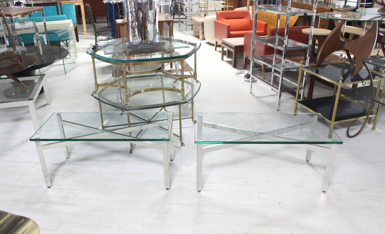 EstablishedLines Pair of Rectangular Crome X Base 3/4" Glass Tops Coffee Side End Tables Stands