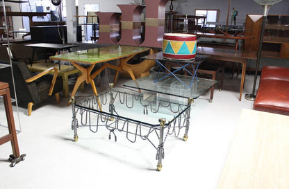 Ornate Wrought Iron Brass Ram Head Motive Glass Top Rectangle Coffee Table Mint
