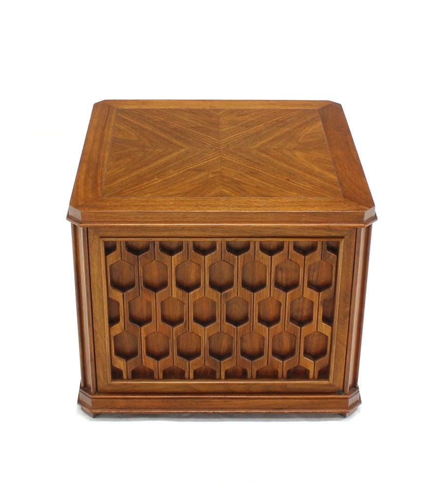 EstablishedLines Walnut Carved Honeycomb Pattern One Door Cube Square Shape Side End Table Stand