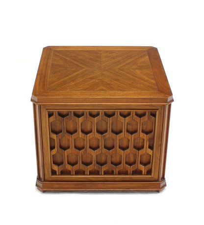 EstablishedLines Walnut Carved Honeycomb Pattern One Door Cube Square Shape Side End Table Stand