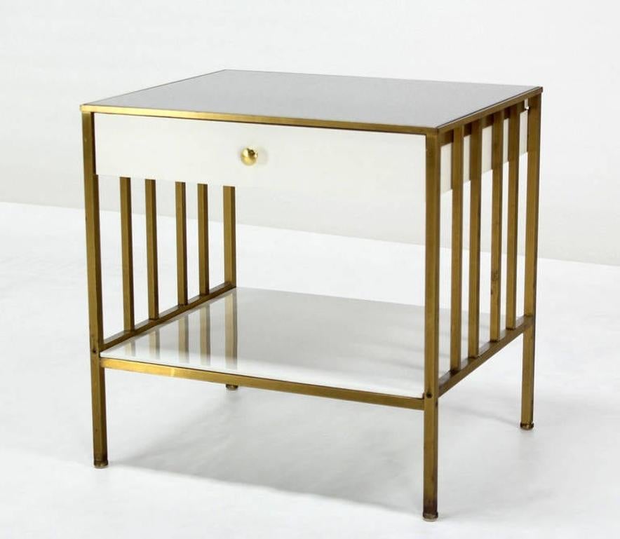 EstablishedLines Solid Brass Mid Century Modern End Side Table One Drawer Stand Smoked Glass Top