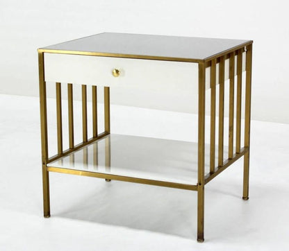 EstablishedLines Solid Brass Mid Century Modern End Side Table One Drawer Stand Smoked Glass Top