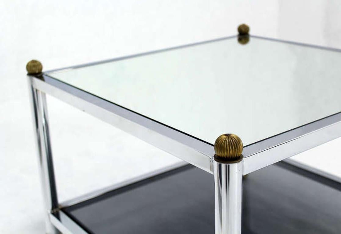 EstablishedLines Pair Square Chrome & Brass Smoked Glass Shelf Mirrored Top End Side Tables MINT!