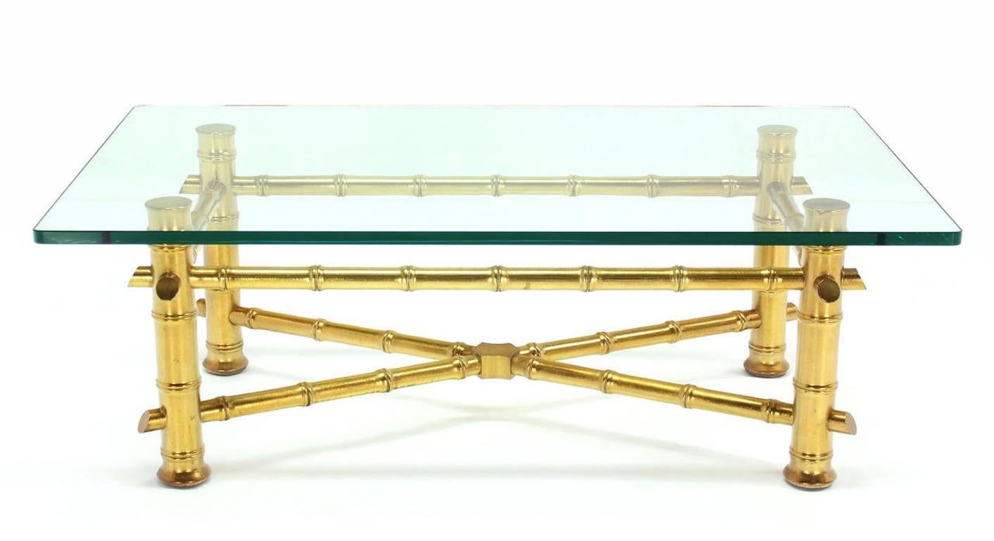 EstablishedLines Gold Leaf Faux Bamboo Base Thick 3/4" Glass Top Rectangle Coffee Table MINT!