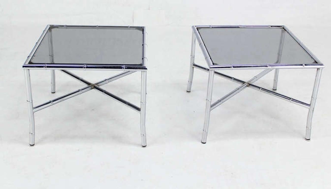 EstablishedLines Pair of Chrome Faux Bamboo X Base End Tables with Smoked Glass Tops Mid Century