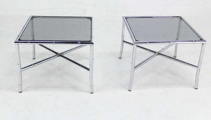 EstablishedLines Pair of Chrome Faux Bamboo X Base End Tables with Smoked Glass Tops Mid Century