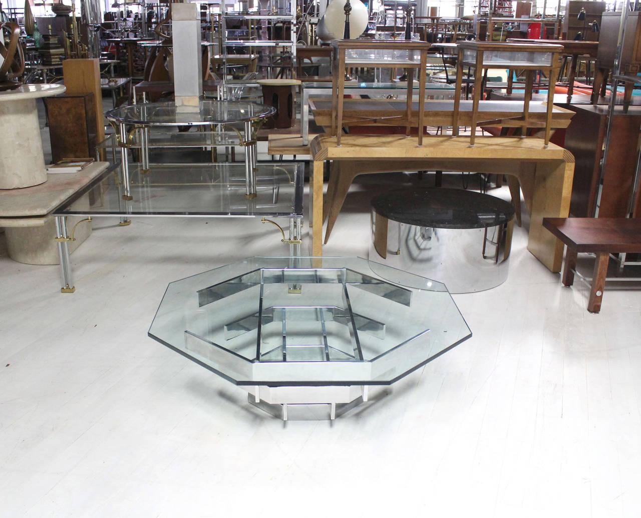 EstablishedLines Mid Century Modern Heavy "Stacked" Chrome Base Octagonal Glass Top Coffee Table